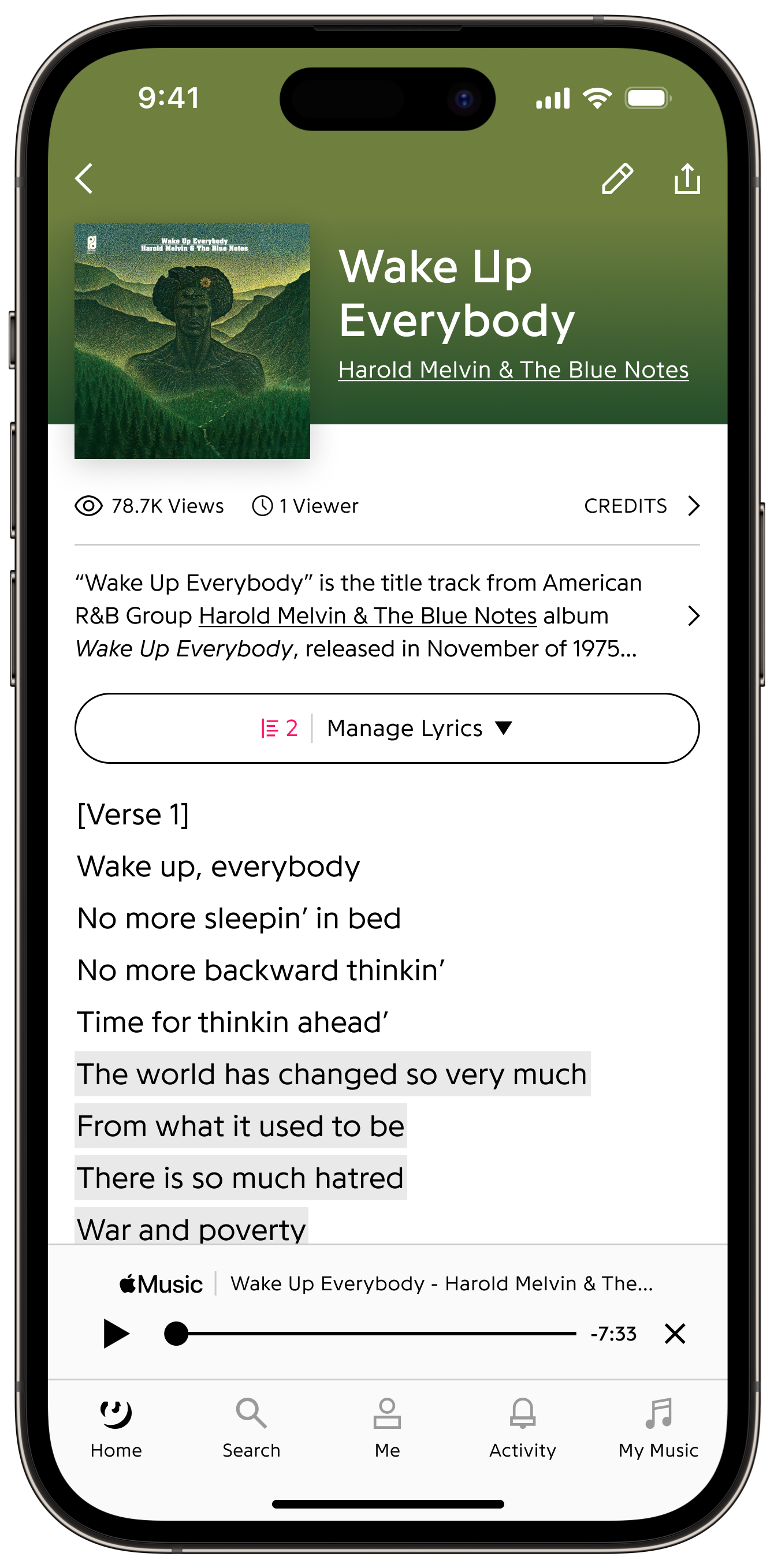 The lyrics for 'Wake Up Everybody' by Harold Melvin & The Blue Notes is displayed in the Genius iOS App